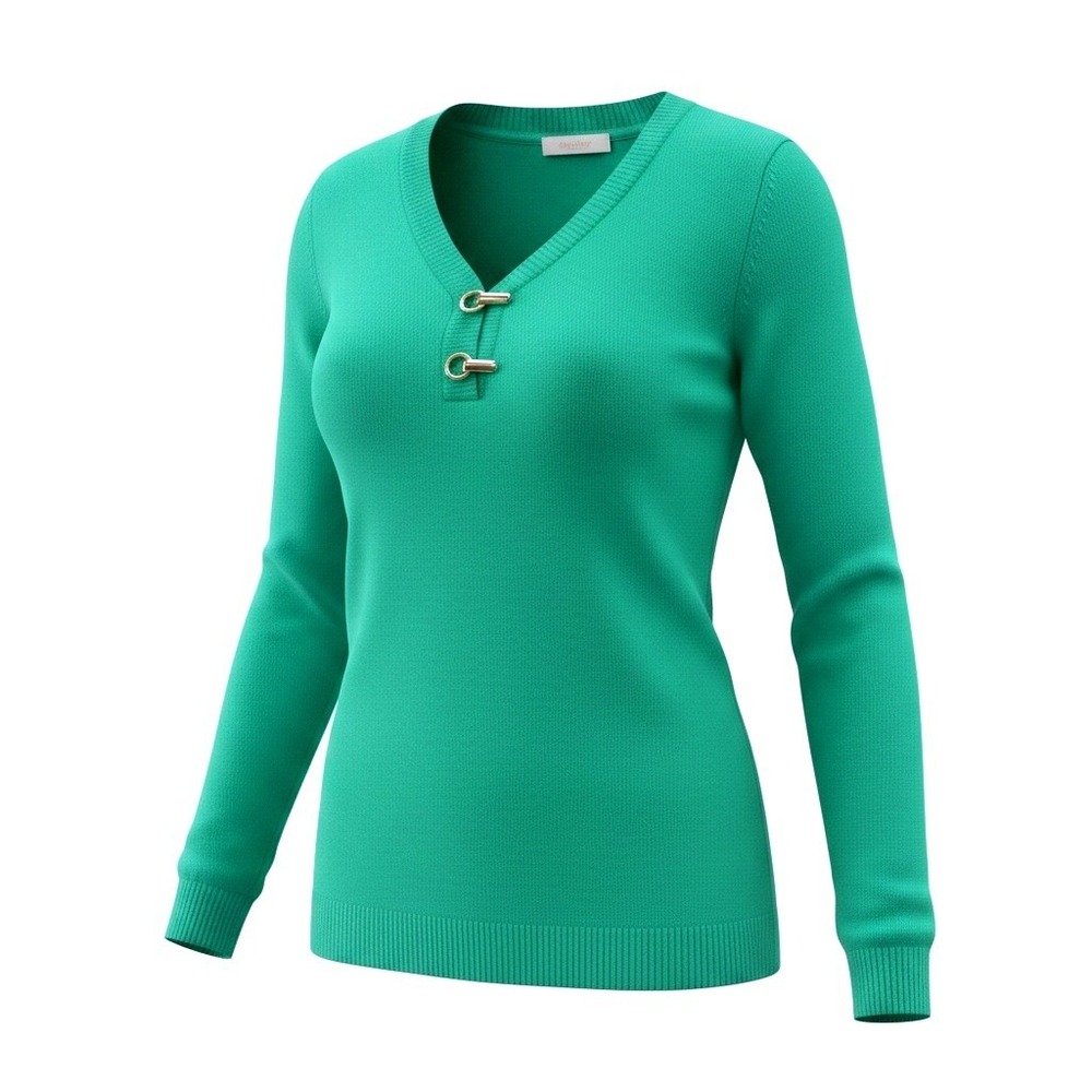 Palette Womens Green V-Neck Sweater Gold Toggle Hardware Cotton Blend Large